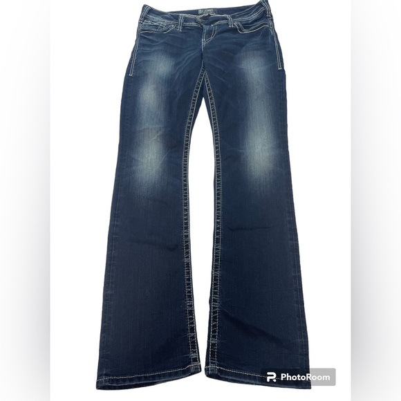 Silver Jeans Denim - Silver Jeans Women’s Pant Mid Rise Dark Wash w/Fades Thick White Topstitching
